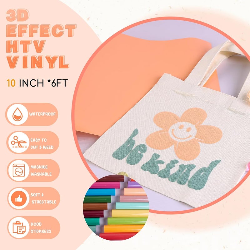 Tintnut Puff Vinyl Heat Transfer - 10inches x 6ft 3D Deep Peach Puff HTV Roll Heat Transfer Vinyl Foaming Colorful Puffy Iron on Vinyl for T-Shirts DIY Compatible with Cricut or Silhoutte Cameo - Image 2